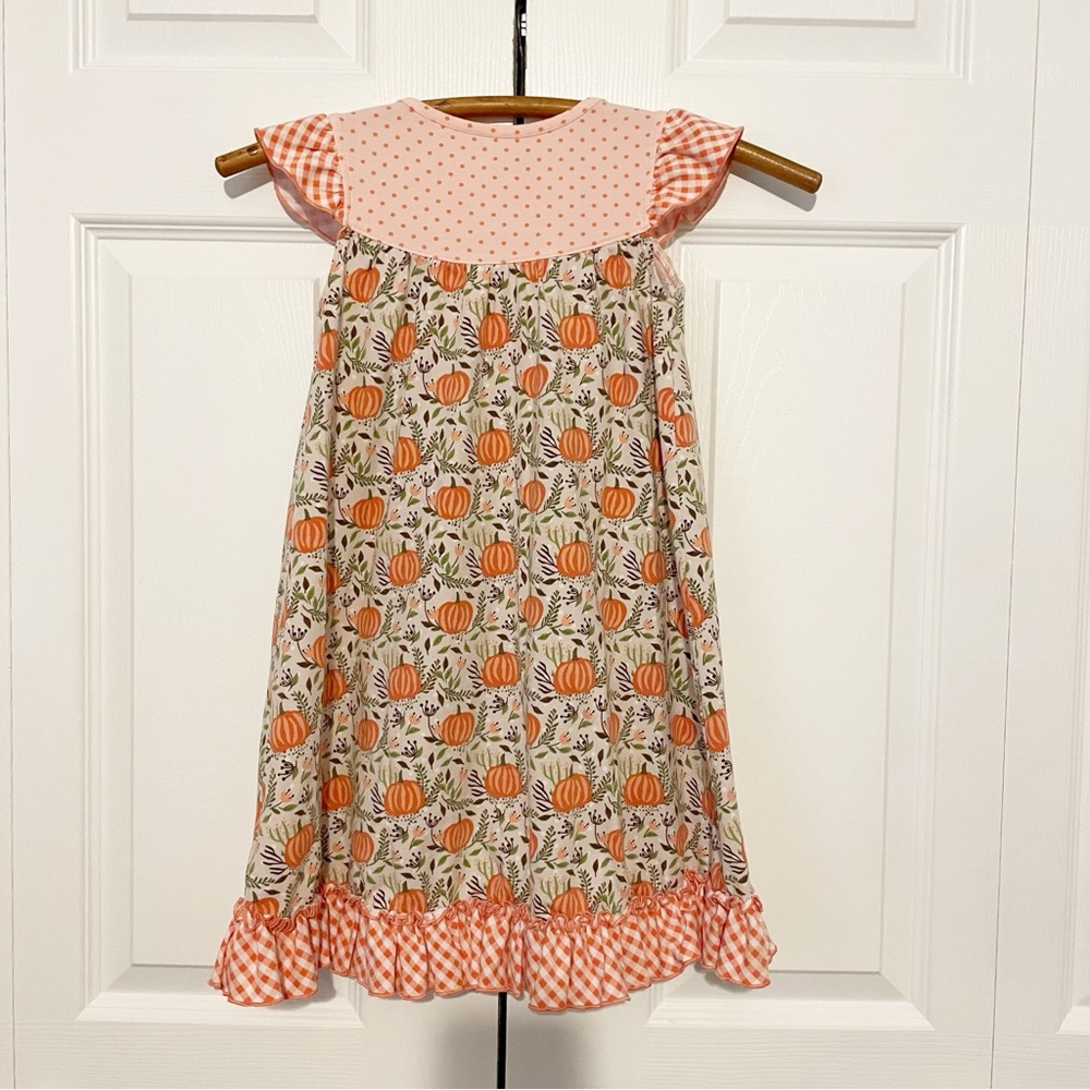Shrimp & Grits Serendipity Pumpkin Fall Print Dress Ruffle Hem Girl’s Size M 5/6 - Picture 7 of 9